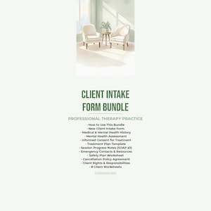 Könnte beinhalten: Digitaler Download mit dem Titel "Client Intake Form Bundle" für die professionelle Therapiepraxis. Das Bild zeigt eine Aquarellillustration eines Raumes mit zwei Sesseln und einem kleinen Tisch. Der Text listet enthaltene Formulare und Arbeitsblätter auf.