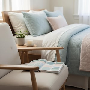 May include: A neutral-toned armchair holds an open book with pastel designs, placed near a bed with light blue and pink bedding. A small table has a plant and candle. The room has a bright, airy feel.