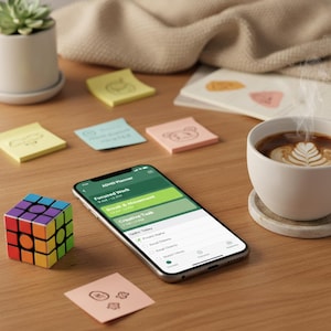 May include: A smartphone with an ADHD planner app is on a wooden table, with sticky notes, a Rubik's cube, and a coffee cup. The app interface displays green and white task lists. A small succulent plant is in the background.