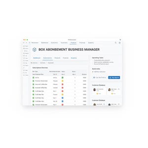 May include: A screenshot of a business management dashboard with the title "BOX ABONBEMENT BUSINESS MANAGER". The dashboard displays subscription overviews, customer data, and upcoming tasks. The interface is white with blue accents.