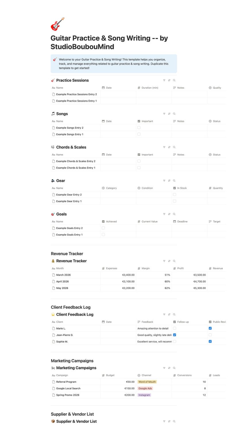 Guitar Practice & Song Writing Notion Template Dashboard Planner Tracker Gift Digital Download image 10
