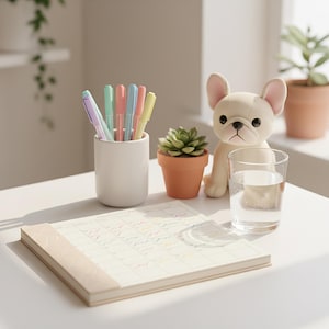 Könnte beinhalten: Eine Schreibtischszene mit einem weißen Stifthalter mit Pastellstiften, einer kleinen Sukkulente in einem Terrakottatopf, einer französischen Bulldoggenfigur, einem Glas Wasser und einem Planer. Der Planer hat einen beigen Einband und ein Kalenderlayout.