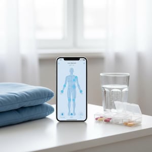 Pode incluir: Um smartphone exibe um aplicativo "Pain Tracker" com um diagrama do corpo humano destacando pontos de dor. Ao lado do telefone, há duas almofadas azuis, um copo de água e um organizador de comprimidos com várias pílulas. A cena é definida em uma superfície branca.