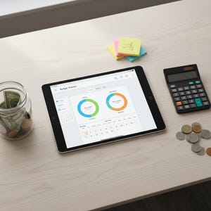 Peut inclure: Une tablette affiche une application de planification budgétaire avec des graphiques circulaires colorés, une calculatrice, un bocal d'argent et des post-it sur une surface en bois clair. Des pièces sont éparpillées à proximité, suggérant une planification financière.