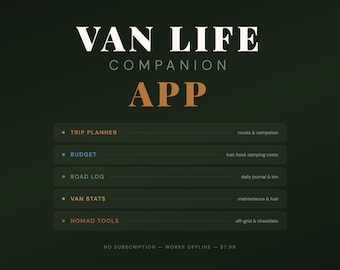 Digitale Vanlife-Planungs-App, Budget-Tracker für Wohnmobile, Reisetagebuch für autarkes Campen, Begleiter für autarke Nomaden, interaktives HTML