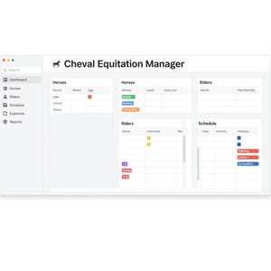 Peut inclure: Un écran d'ordinateur blanc affichant l'interface "Cheval Equitation Manager". L'écran présente des tableaux de données pour les chevaux, les cavaliers et les horaires, avec des indicateurs d'activité à code couleur. L'interface comprend des options de recherche et de navigation.