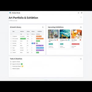 May include: A screenshot of a digital art portfolio and exhibition management tool. The interface displays an artwork library with details like title, medium, and status, along with upcoming exhibitions and task lists. The text "Art Portfolio & Exhibition" is visible.
