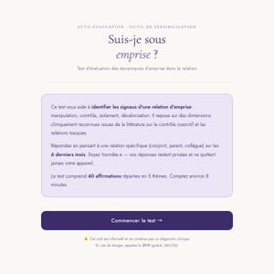 Peut inclure: Page web avec le titre "Suis-je sous emprise ?" (Suis-je sous emprise ?), proposant un outil d'auto-évaluation. La page détaille l'identification des signes de relations de contrôle et comporte un bouton "Commencer le test".