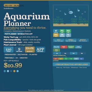Aquarium Planner 120 Pages + Interactive App English French Fish Tank Water Test Maintenance Tracker Plant Journal Digital Download A4