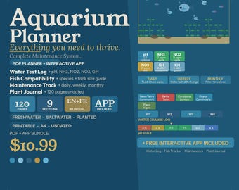 Aquarium Planner 120 Pages + Interactive App English French Fish Tank Water Test Maintenance Tracker Plant Journal Digital Download A4