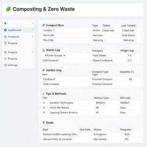 May include: A digital interface for composting and zero waste management. The screen displays data on compost bins, waste logs, garden usage, tips, and goals. The interface is organized with a dashboard, notebook, and project sections.