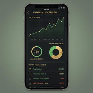 Peut inclure: Un écran de smartphone affiche un aperçu financier avec un graphique linéaire vert montrant les tendances des revenus. L'interface comprend des ventilations des sources de revenus, des transactions récentes et le texte "FINANCIAL OVERVIEW."