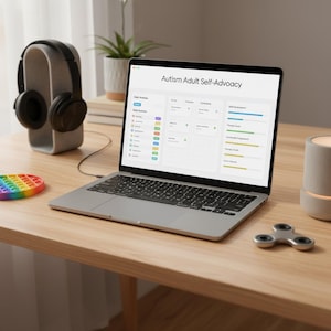 Peut inclure: Un ordinateur portable affichant "Autisme Autonomie Adulte" sur un bureau en bois. Un casque noir est posé sur un support gris. Un jouet pop-it coloré et un fidget spinner argenté sont également sur le bureau. Une petite plante et une bougie sont en arrière-plan.