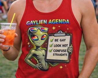 Camiseta sin mangas Gaylien Agenda: Sé gay, luce sexy, confunde a los heterosexuales. Camiseta del orgullo gay.