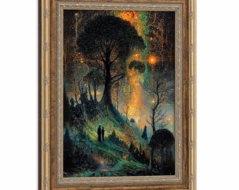 Cuadro de pared Bosque Cósmico Dorado Inspirado en Gustav Klimt Silueta de Pareja de Árboles Gigantes Noche Estrellada Pintura al Óleo Vintage Decoración Gótica para el Hogar