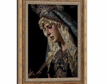 Gerahmter trauriger weinender Jungfrau Maria Wandkunst, verzierter Kronen-Spitzenschleier-dunklem Hintergrund, religiöser Leinwanddruck, katholische Kirche Wohndekor