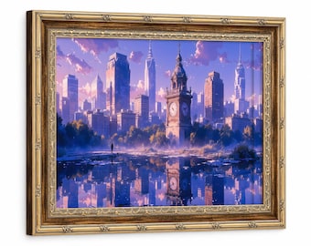 Póster en lienzo enmarcado con la imagen de un amanecer en un parque urbano futurista, lámina artística de cielo en tonos pastel y agua reflejada, decoración relajante para la pared del dormitorio.
