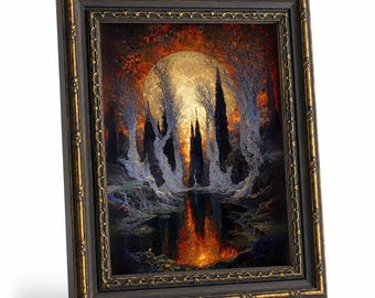 Cuadro de pared en lienzo con paisaje de luna dorada mística, árboles blancos retorcidos, reflejo en el lago, arte al óleo vintage para decoración gótica oscura estilo academia.