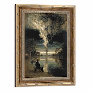 May include: A framed oil painting depicting a dark, swirling cloud formation rising above a calm body of water. A solitary figure sits on a bench along the bank, observing the reflection of the sky and the towering, textured smoke-like column.
