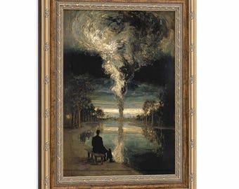 Cuadro al óleo antiguo surrealista y oscuro sobre lienzo: Hombre solitario en un banco junto al lago, cielo con nubes arremolinadas, arte vintage melancólico para estudio, dormitorio y decoración del hogar.
