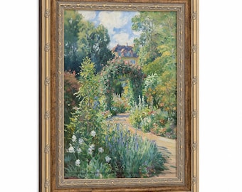 Cuadro enmarcado de un sendero de jardín campestre francés, pintura impresionista de arco de rosas, paisaje floral vintage de casa de campo, obra de arte inspirada en Monet para el hogar.