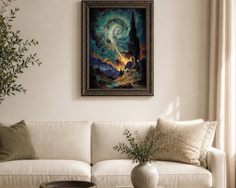 Cuadro de pared en lienzo con remolinos dorados y turquesa, cielo estrellado, inspirado en Van Gogh, pintura al óleo vintage de un arroyo en el valle de Cypress, decoración gótica para la pared de la sala de estar.