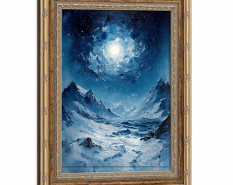 Póster en lienzo enmarcado con pintura gruesa que representa lagos alpinos bajo la luz de la luna, una lámina artística de un paisaje invernal estrellado, una decoración tranquila para la sala de estar.