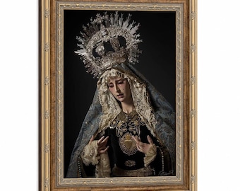 Gerahmtes religiöses Wanddekor, weinende Madonna Dolorosa Silberkrone Sacred Heart Leinwanddruck, Glaubensgeschenk für katholische Gläubige