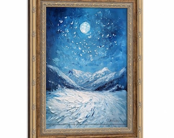 Póster en lienzo enmarcado de una montaña nevada iluminada por la luna, de estilo impresionista; lámina artística de paisaje invernal con pintura gruesa; decoración serena para la sala de estar.