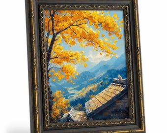 Cuadro vintage dorado con marco, estilo otoñal, con árbol de ginkgo, gato blanco y pintura en un tejado. Paisaje de montaña asiática. Escena otoñal cálida para la decoración del dormitorio.