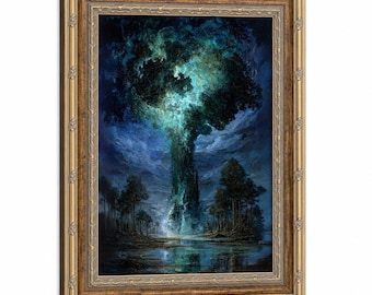 Cuadro de pared en lienzo con diseño de árbol resplandeciente de fantasía oscura, reflejo en el lago, pintura al óleo vintage, decoración gótica para dormitorio y sala de estar de estilo academia oscura.