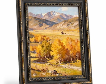 Póster en lienzo enmarcado de estilo impresionista vintage con valle de montaña otoñal, pintura al óleo de vaquero, caballo, álamo dorado y pico nevado, decoración de pared de naturaleza occidental.