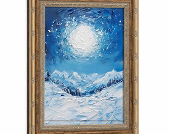 Póster en lienzo enmarcado de los Alpes nevados a la luz de la luna de estilo impresionista, lámina artística de una escena invernal de montaña pintada con trazos gruesos, decoración de pared tranquila =