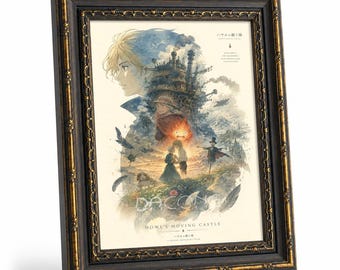 "Gerahmtes Howl's Wandelndes Schloss Wandkunst, Vintage Aquarell ""Howl Sophie Calcifer Castle"" Leinwanddruck, Ghibli Anime Schlafzimmer Wohnkultur"