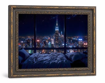 Póster en lienzo enmarcado con vista a un lujoso apartamento de Nueva York, lámina artística del Empire State Building y las luces de la ciudad, decoración relajante para la pared por la noche.