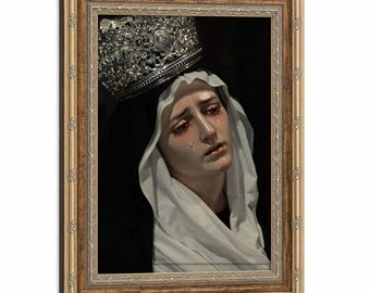 Póster en lienzo enmarcado de Nuestra Señora de los Dolores, lámina artística de la Virgen Llorona con corona de filigrana plateada intrincada, decoración de pared para capilla devocional.