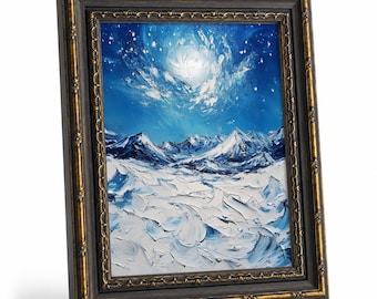 Póster enmarcado con pintura gruesa que muestra la luz de la luna y montañas nevadas, lámina de arte abstracto de paisaje invernal, decoración tranquila para la sala de estar.