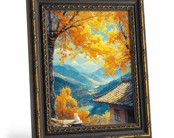 Cuadro vintage dorado con marco, pintura de un árbol de ginkgo y un gato blanco, paisaje de lago de montaña asiático, decoración cálida y acogedora para la entrada.