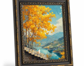 Riverside Fall Impasto Art White Cat Rest On Cottage Roof Golden Foliage Mountain View Cat Lover Cottagecore Wall Hanging Interior Decor