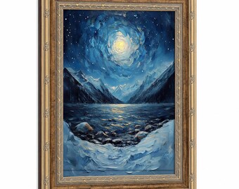 Póster enmarcado con pintura gruesa que muestra la luz de la luna y montañas nevadas, lámina de arte abstracto de paisaje invernal, decoración tranquila para la sala de estar.