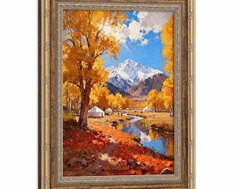 Póster en lienzo enmarcado con álamo dorado otoñal y montaña nevada, pintura al óleo impresionista de yurta mongola a la orilla del río, decoración de pared de naturaleza.