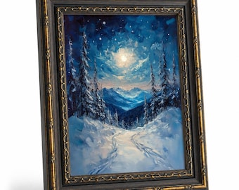 Póster enmarcado con pintura gruesa que muestra la luz de la luna y montañas nevadas, lámina de arte abstracto de paisaje invernal, decoración tranquila para la sala de estar.