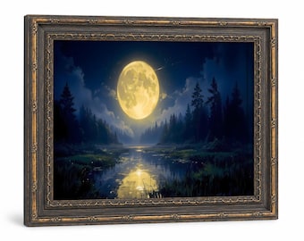 Póster en lienzo enmarcado con reflejo de luna llena dorada, lámina artística de bosque nocturno y lago, decoración relajante para la pared del salón.