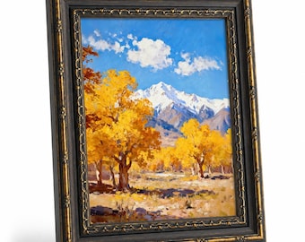 Póster en lienzo enmarcado con vibrante álamo dorado y pico nevado, pintura al óleo impresionista de valle de montaña otoñal, decoración de pared inspirada en la naturaleza.