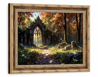Póster en lienzo enmarcado con arco gótico de bosque encantado, lámina artística de paisaje con árboles otoñales y flores silvestres, decoración vintage estilo cottagecore.
