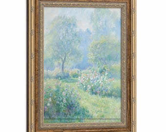 Cuadro al óleo de jardín estilo Monet enmarcado, impresión en lienzo de paisaje de jardín con flores primaverales en tonos pastel suaves, decoración para el hogar estilo cottagecore.