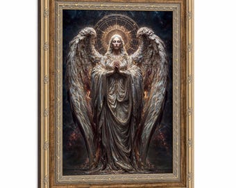 Gerahmte betende Seraph Engel-Wandkunst, goldener Halo-kosmischer Sternenhimmel-religiöser Leinwanddruck, christliches Schlafzimmer-u