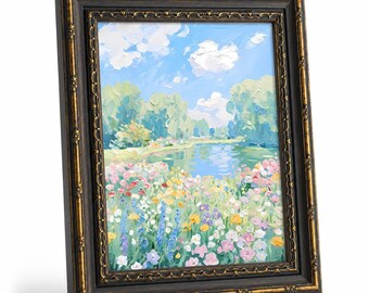 Cuadro enmarcado de paisaje primaveral en tonos pastel, río de flores silvestres, pintura al óleo texturizada, obra de arte impresionista de paisaje floral, decoración acogedora para la entrada del hogar.