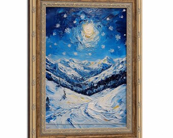 Póster en lienzo enmarcado con una noche estrellada impresionista y una montaña nevada, lámina artística con textura de paisaje invernal, decoración tranquila para el salón.