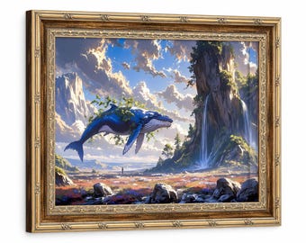 Póster surrealista de una ballena azul sobre un valle, lienzo enmarcado, lámina artística de un paisaje onírico con cielo y cascada, decoración serena para la sala de estar.